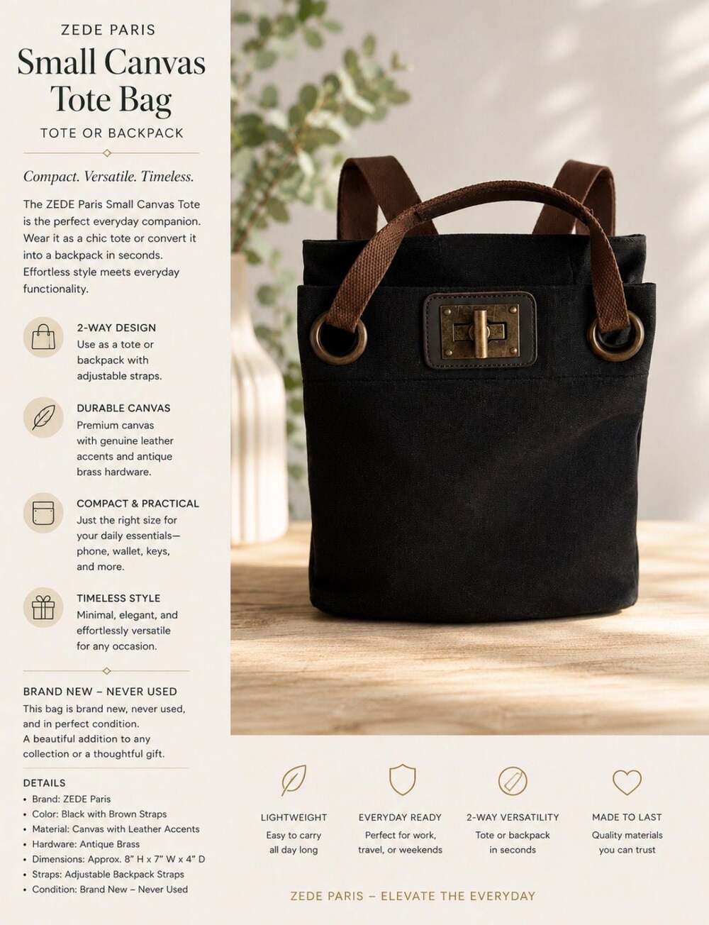 ZEDE Paris Small Canvas Convertible Tote Backpack Black